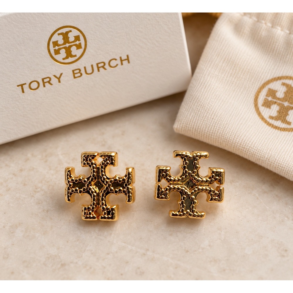 NWT Tory Burch Icon Kira Stud Earrings Hammered Gold / Dustbag Included /Elegant